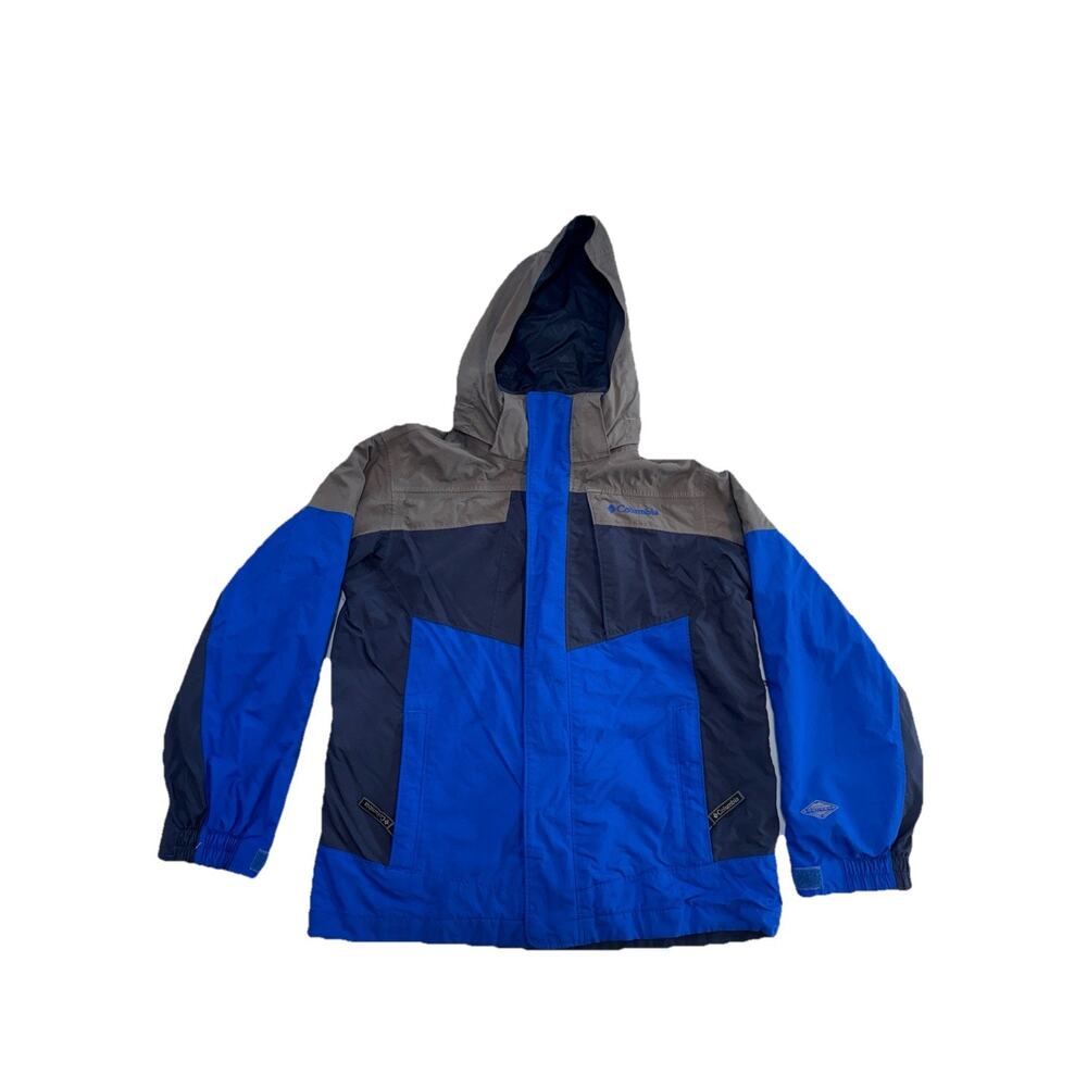 Columbia Youth M 10/12 Omni-Tech Waterproof Hooded Jacket Blue Navy Gray Coat